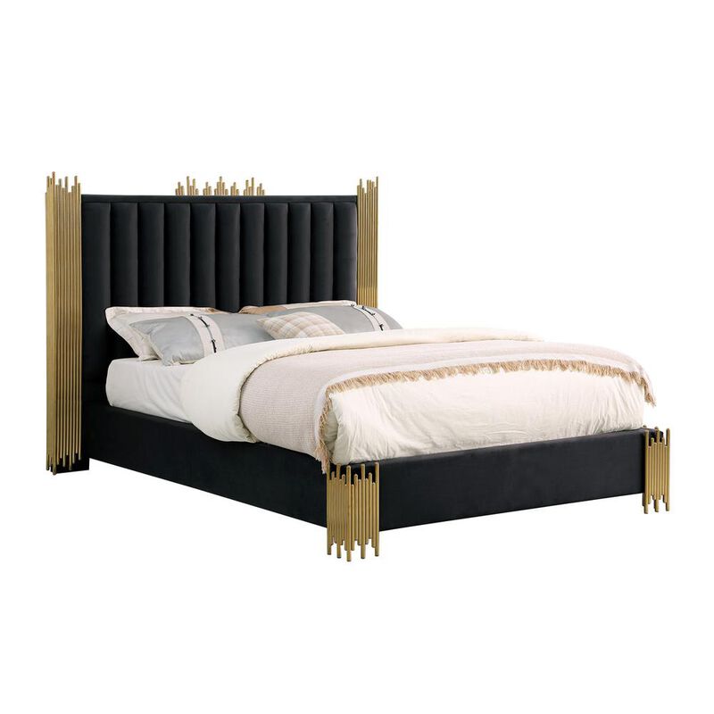Best Quality Family Queen size Black velvet bed with gold corners (Platform)