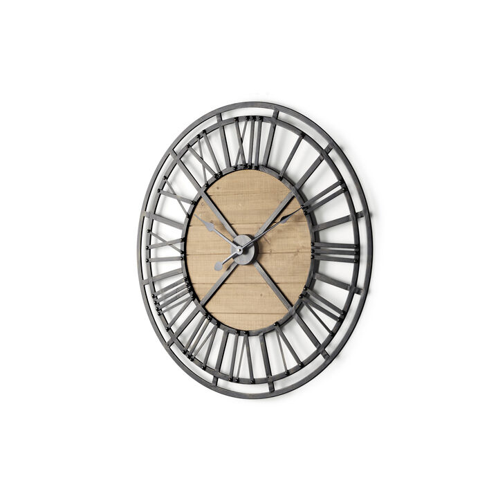 HomeRoots 30" Black And Natural Iron And Wood Analog Round Wall Clock