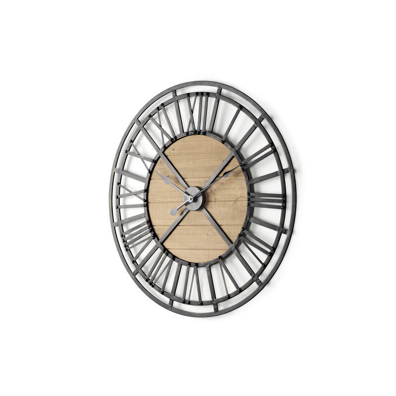 HomeRoots 30" Black And Natural Iron And Wood Analog Round Wall Clock image number 0