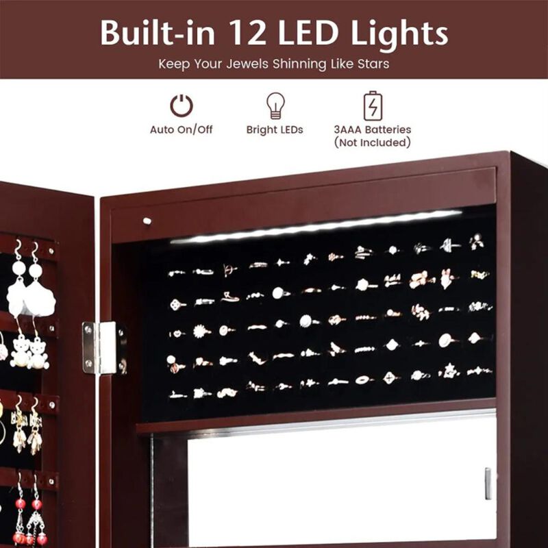 Hivvago Lockable Wall Door Mounted Mirror Jewelry Cabinet with LED Lights