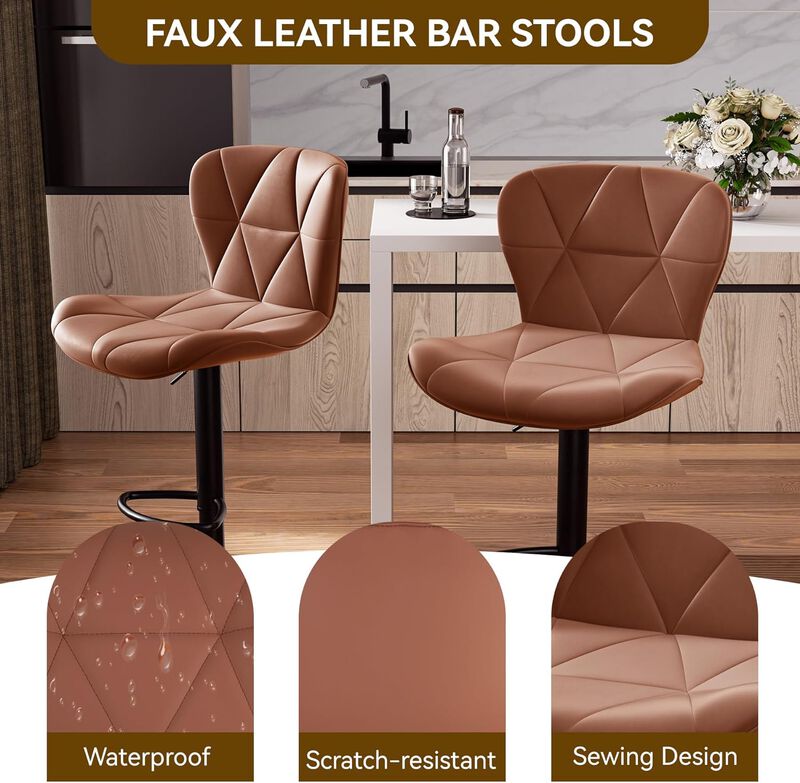 Faux Leather Swivel Bar Stools Set of 2, Adjustable Counter Height Kitchen Chairs, Iron Frame High Backrest 360&deg; Barstools for Kitchen Counter, Outdoor image number 4