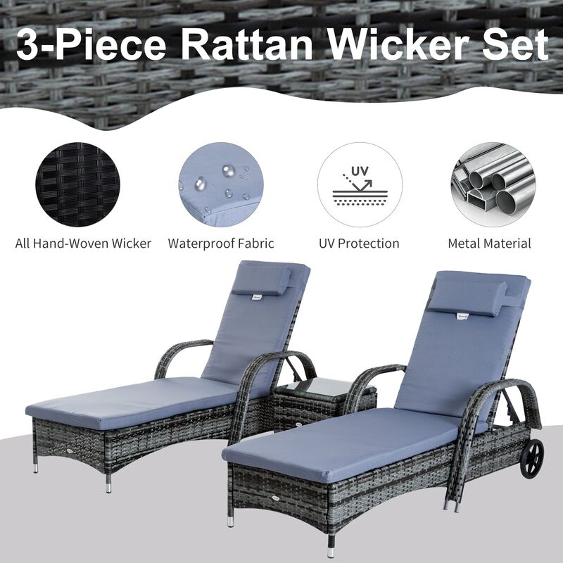 Gray Outdoor Relaxation: 3-Piece Wicker Chaise Lounge Set with Table