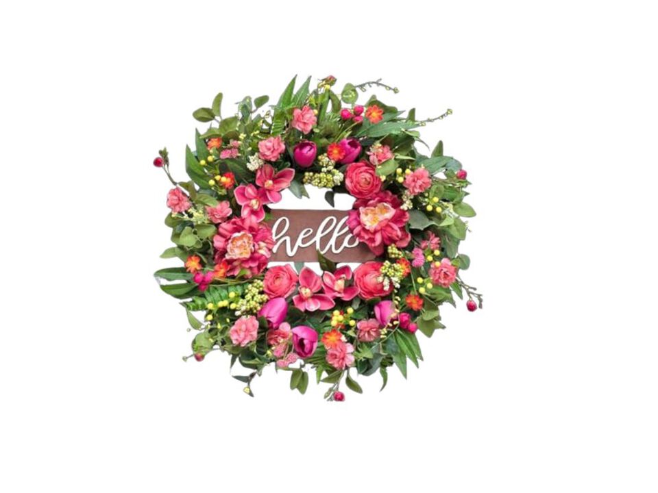 Spring Wreaths Front Door 24 Inch Hello Sign Artificial Summer Wreath Pink Peony