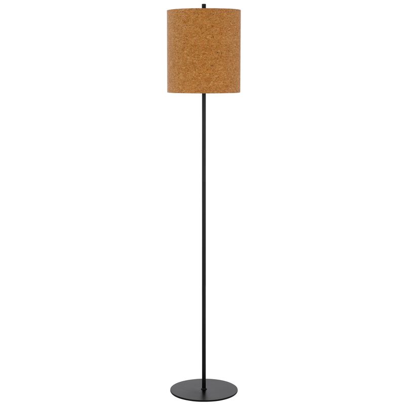 Plue 63 Inch Floor Lamp, Black Pole w Round Base, Cork Drum Shade - Benzara