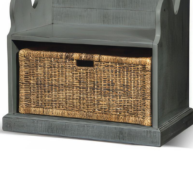Eulie Hall Foyer Bench Seat w Rattan Basket, Rustic Blue Mahogany Wood - Benzara