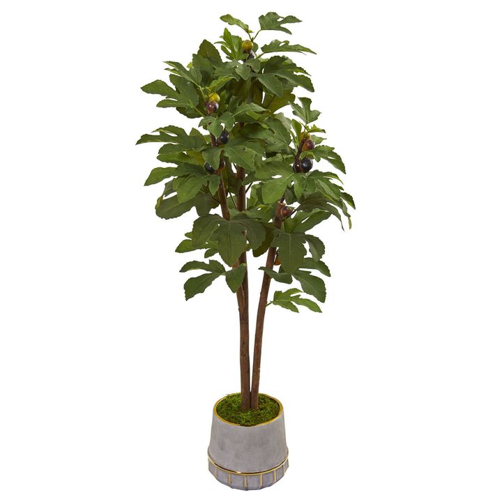 Nearly Natural 47-in Fig Artificial Tree in Stoneware Vase with Gold Trimming
