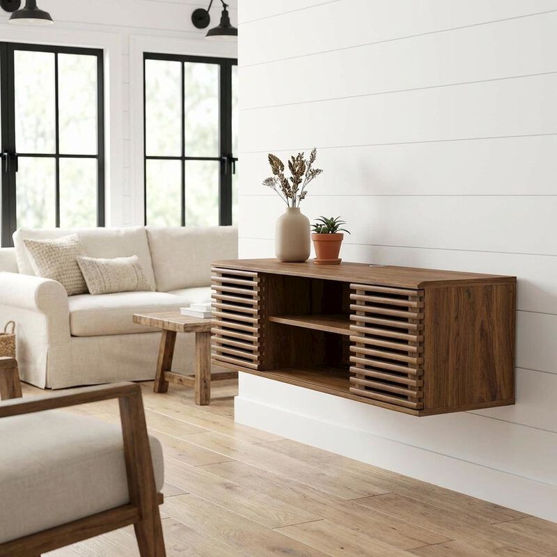 Wooden brown wall-mount TV console with sleek design and sturdy build image number 3