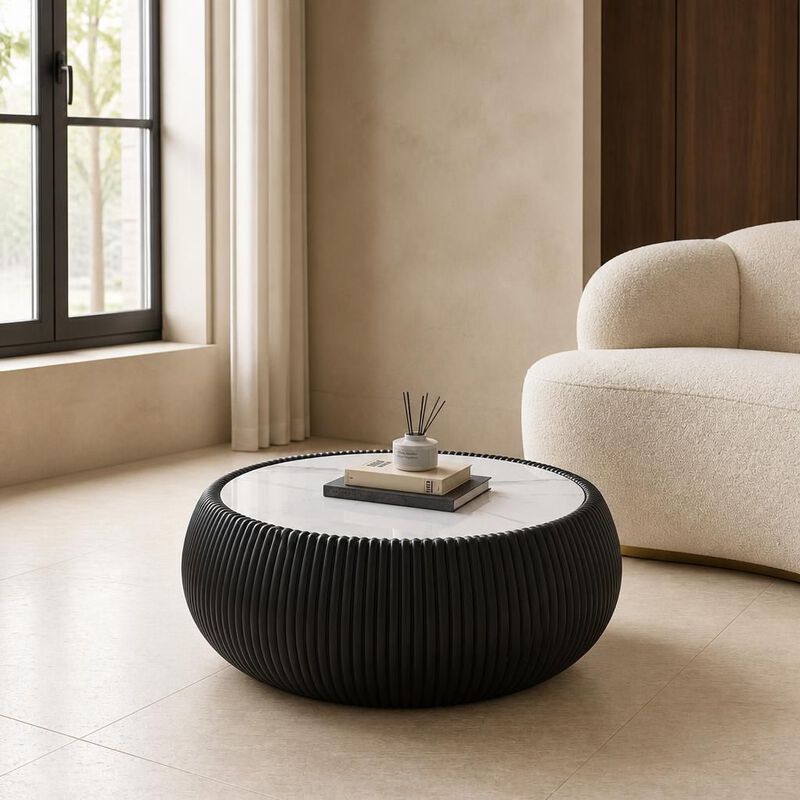 GOODSILO Modern Round Drum Shaped Sintered Stone Top Coffee Table Unique Patterned Accent Furniture For Living Room, Bedroom And Office image number 3