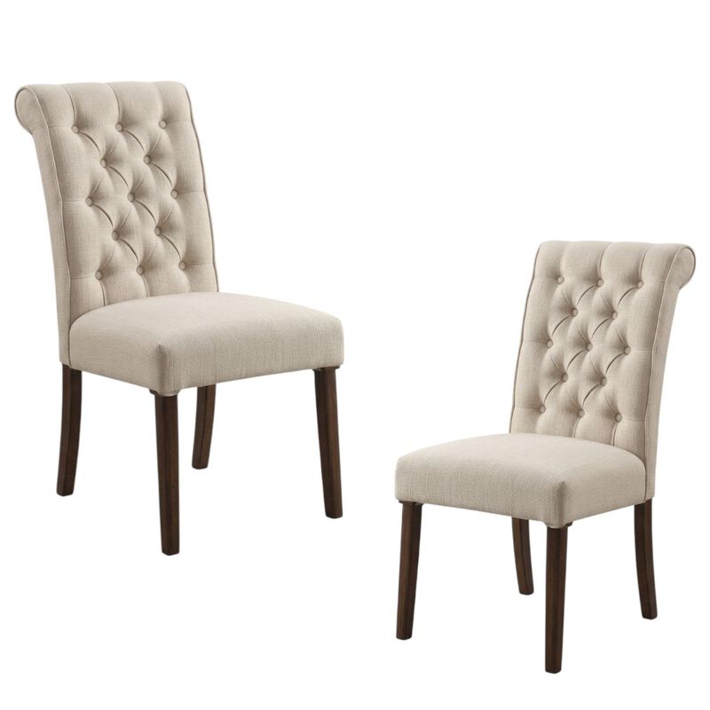 HomeRoots Set of Two Tufted Beige and Brown Upholstered Linen And Solid Wood Dining Side Chairs image number 0