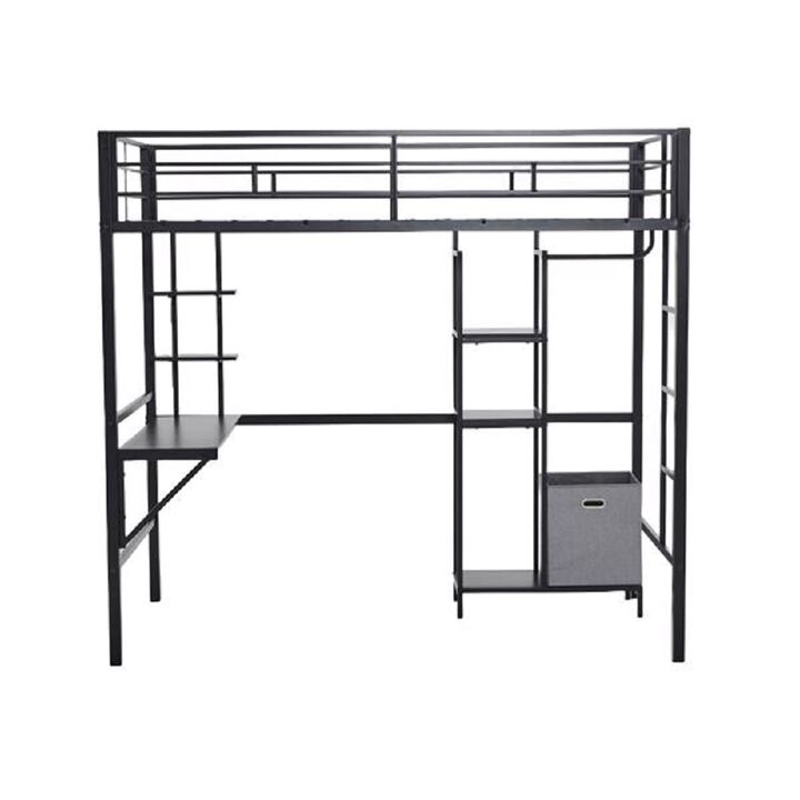 Heavy-Duty Loft Bed with Desk, Storage Shelves, Guardrails & Dual Ladders, No Box Spring Needed