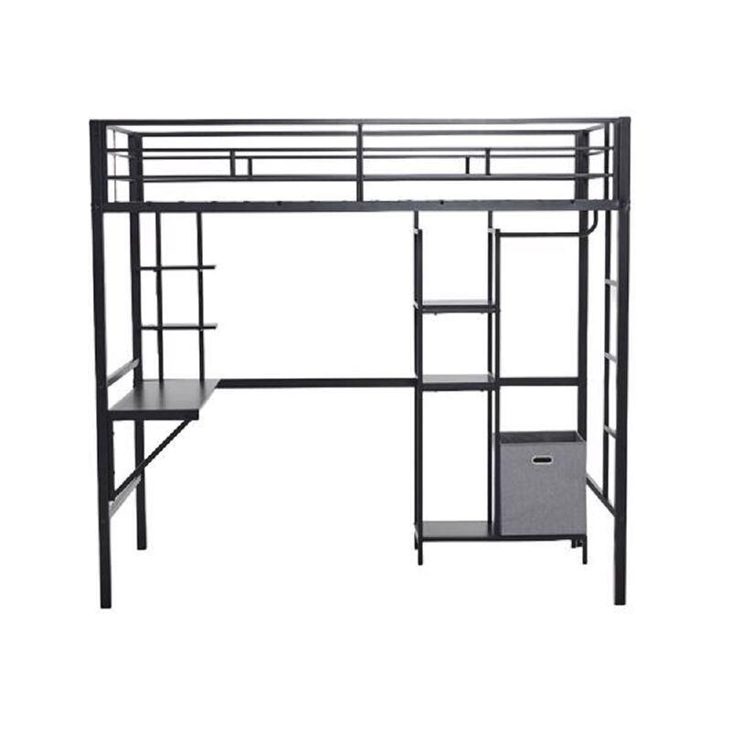 Heavy-Duty Loft Bed with Desk, Storage Shelves, Guardrails & Dual Ladders, No Box Spring Needed image number 0