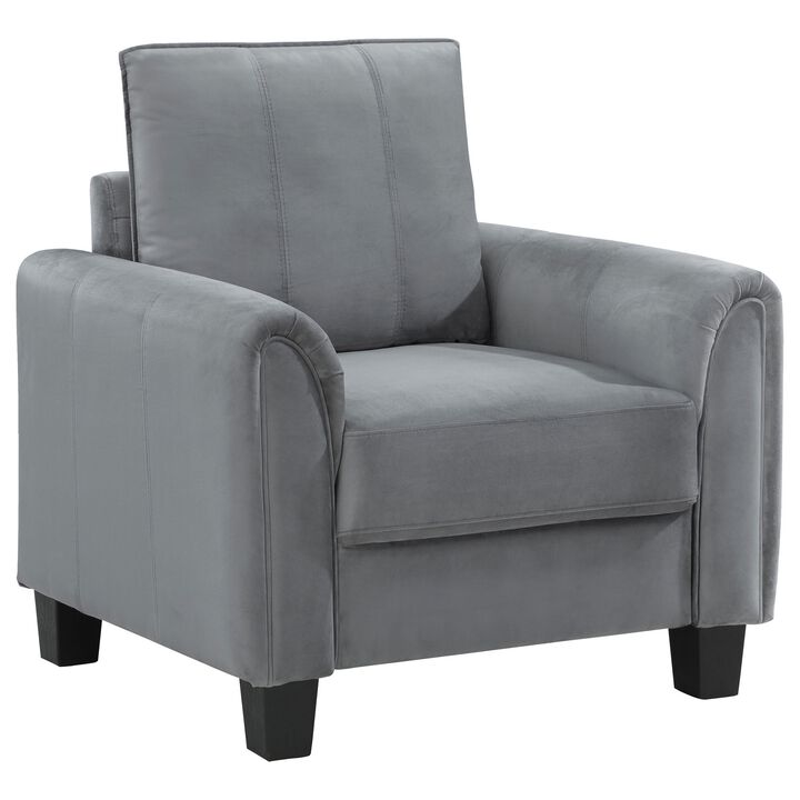 Dave Accent Chair, Gray Fabric, Rounded Armrests, Black Tapered Legs