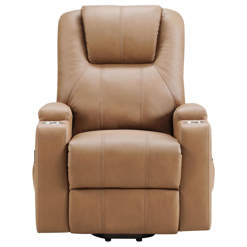 Stoy Power Lift Recliner Chair, Massage, 36 Inch Brown Faux Leather - Benzara