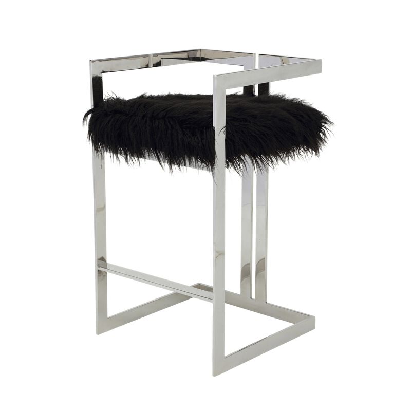 Suki 30 Inch Barstool Chair, Cushioned Black Faux Fur, Silver Cantilever - Benzara