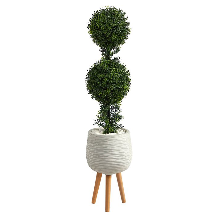Nearly Natural 4-ft Boxwood Double Ball Topiary Tree in Planter with Stand