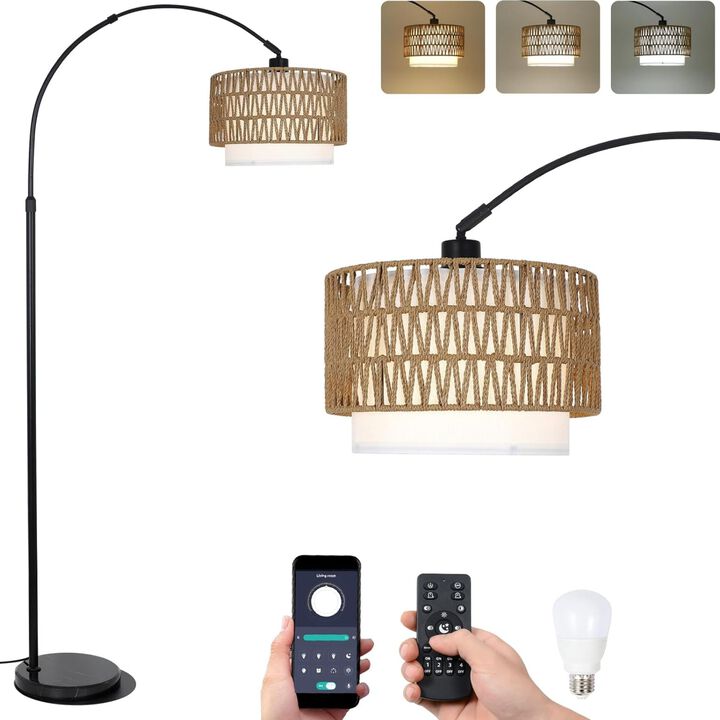 ELEMENT ACE Height Adjustable Arc Floor Lamp with Dimmable LED Bulb, Remote & Foot Control, Dual Rattan & Fabric Lampshades for Living Room Bedroom Decor