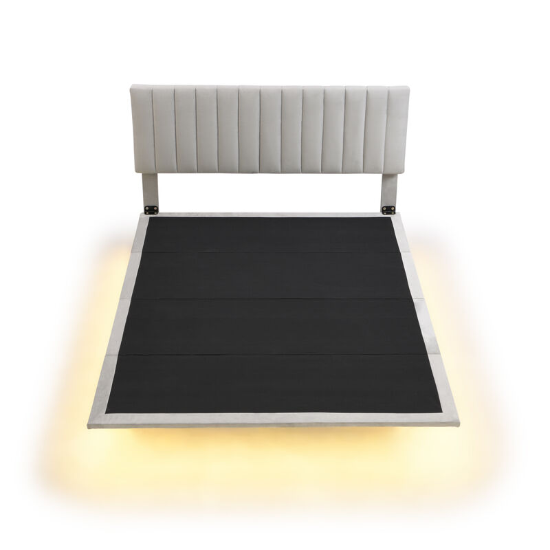 Queen Size Upholstered Bed with Sensor Light and Headboard, Floating Velvet Platform Bed, Gray image number 8