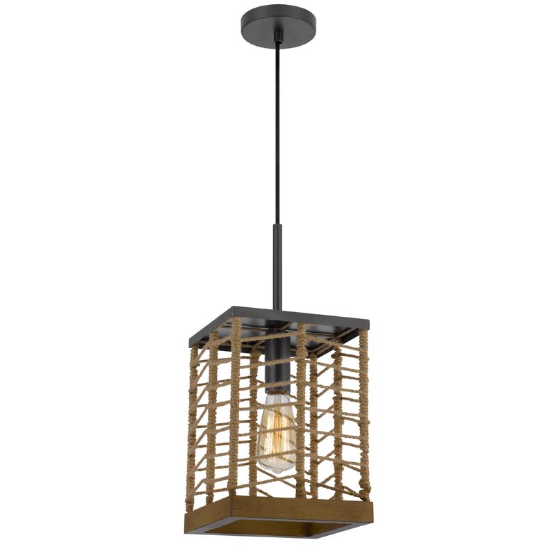 Pendant Light, Braided Burlap Shade, Square Caged Design, Black Metal image number 2
