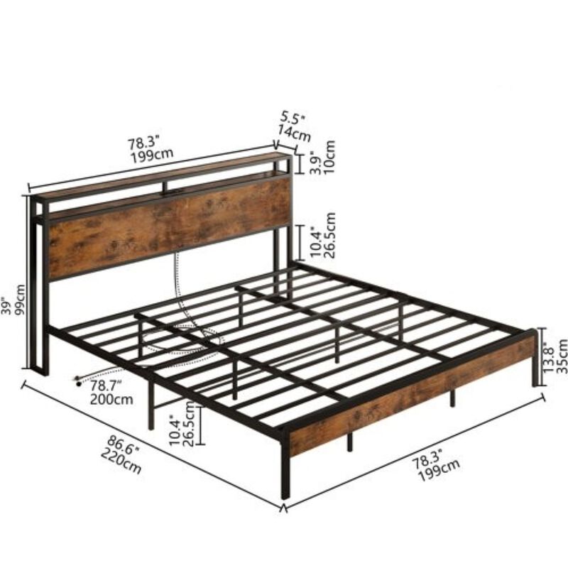 Hivvago King Size Industrial Platform Bed Frame with Storage Headboard and Power Outlets