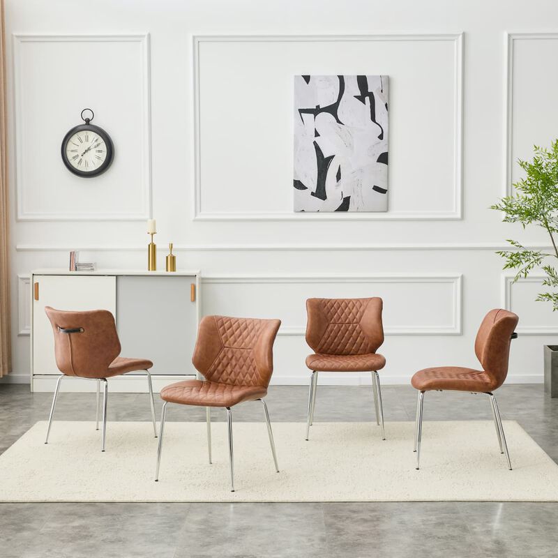 Set of 4 Leather Dining Chairs Square High Back Dining Chairs with Chevron Tufting Retro Dining Chairs with Metal Legs and Back Handle image number 4