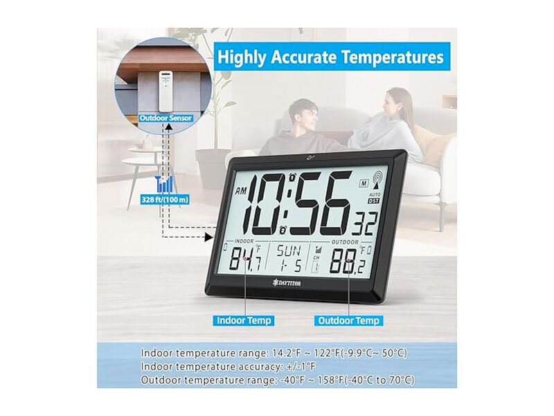 Atomic Temp Digital LCD Display Range Wall Clock 5 Inch Outdoor Black image number 2