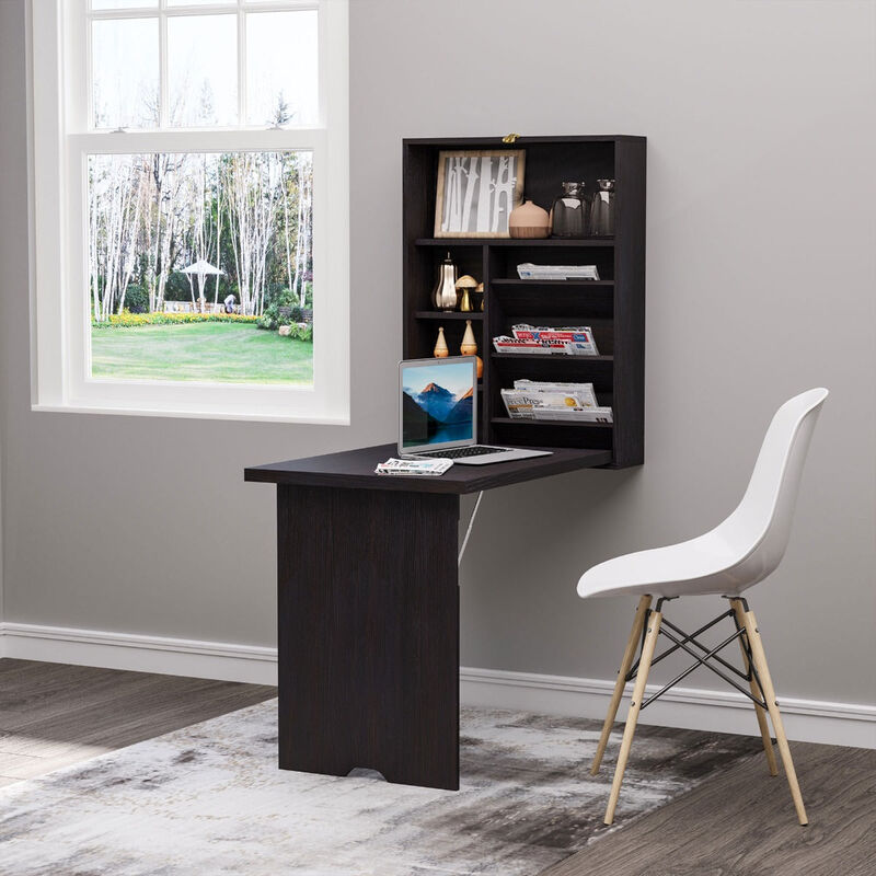 Multifunctional Wall Desk: Espresso Brown Convertible with Storage Shelf