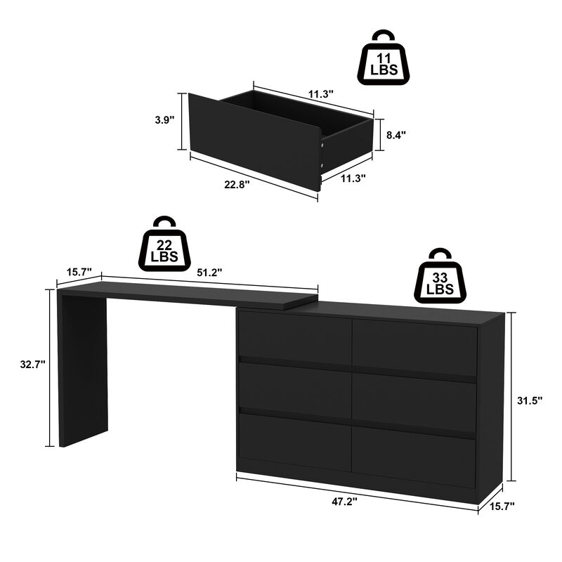 6-Drawer L-Shaped Dresser in Black with Rotatable Desk 47.2 in. W x 51.2 in. D x 32.7 in. H