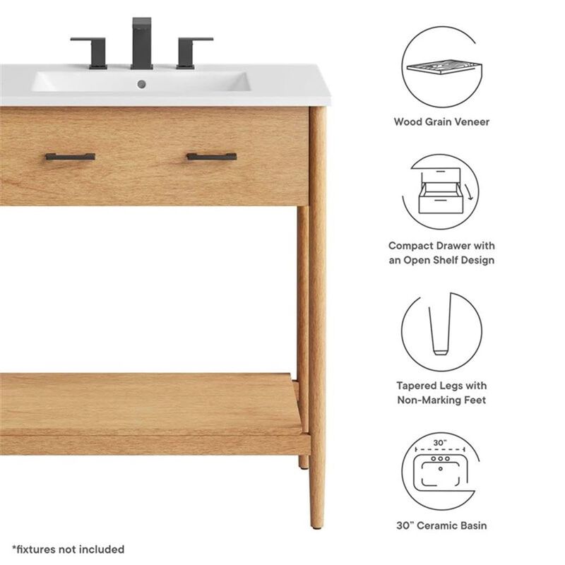 Modway Zaire 30&rdquo; Mid-Century Bathroom Vanity Washstand in Natural White with Ceramic Sink Basin, 30 Inches image number 8