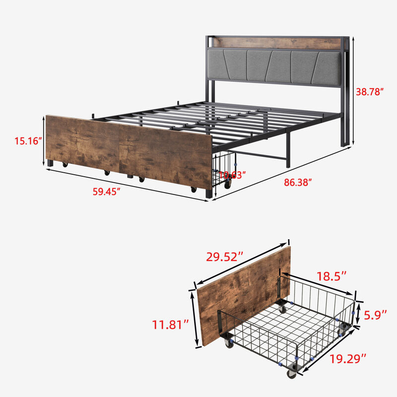 Queen Size Bed Frame, Storage Headboard with Charging Station and 2 Drawers, Solid and Stable, Noise Free, No Box Spring Needed, Easy Assembly, Vintage Brown and Gray