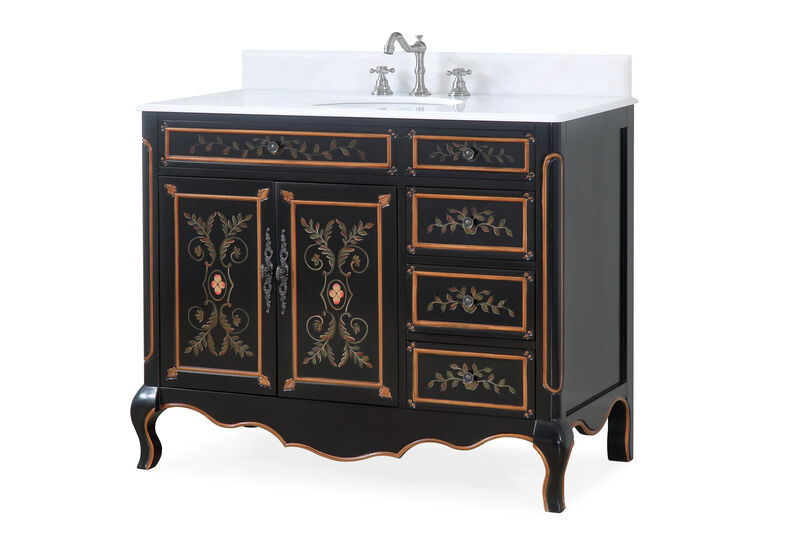 42 Inch Black Hand-Painted Floral Decoroso Bathroom Vanity With Side Drawers image number 1