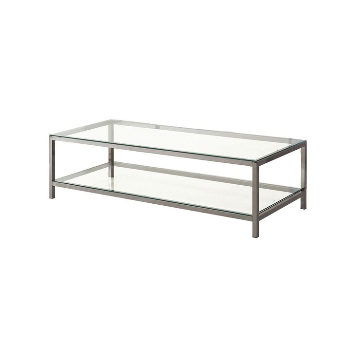 Glass Top Coffee Table with Metal Frame and Open Shelf, Silver-Benzara
