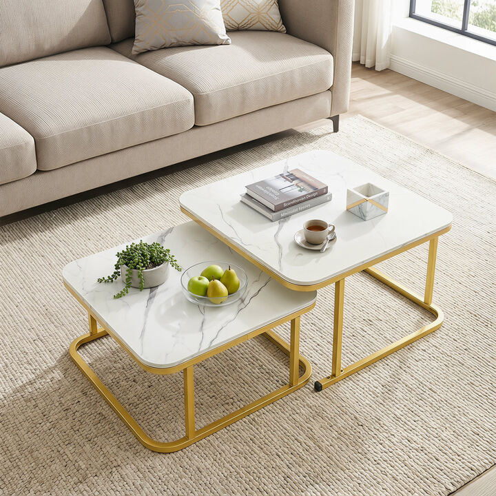 Modern Nesting Coffee Table Set with Faux Marble Surface and Metal Frame