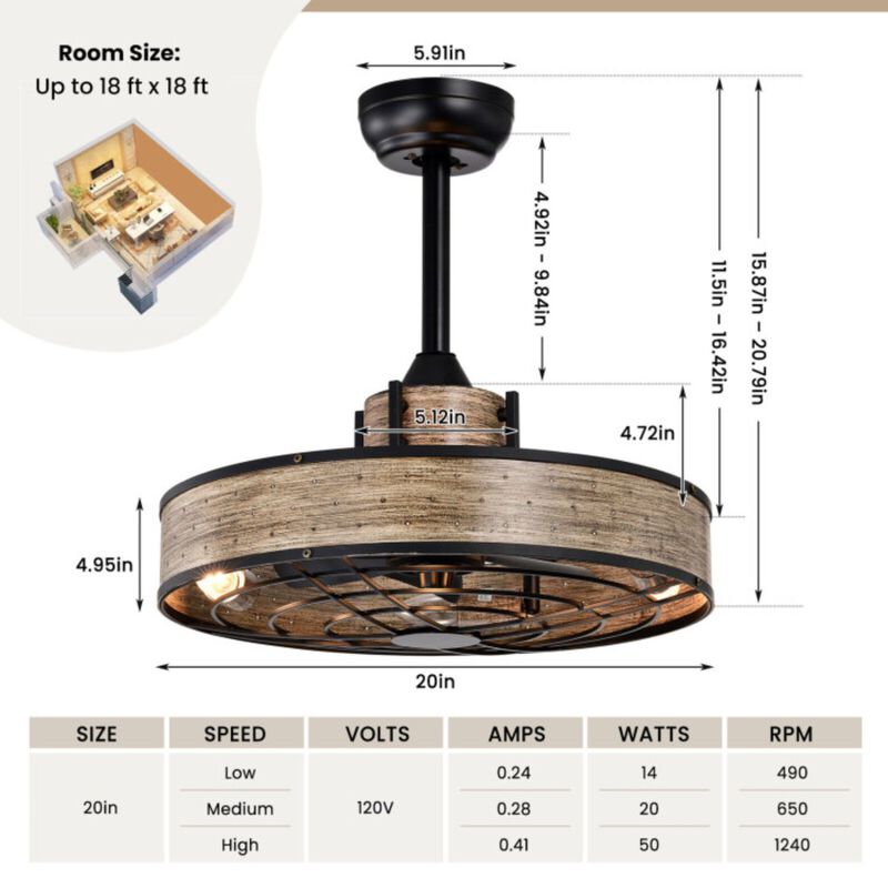 20 Inch Caged Ceiling Fan with Light and 3 Wind Speeds