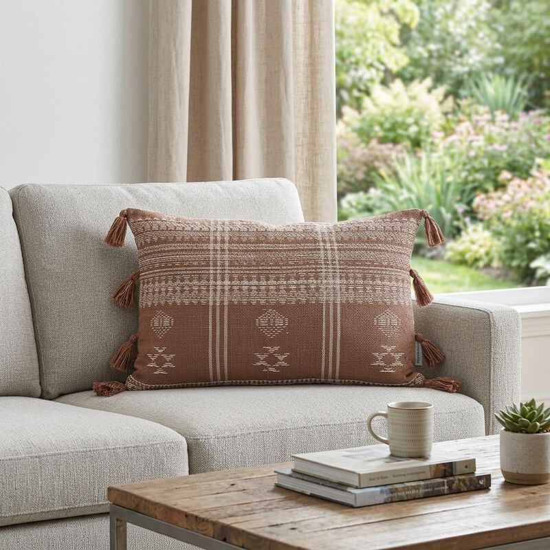 HomeRoots 14" X 20" Beige and Brown Southwestern Cotton Throw Pillow With Tassels image number 1