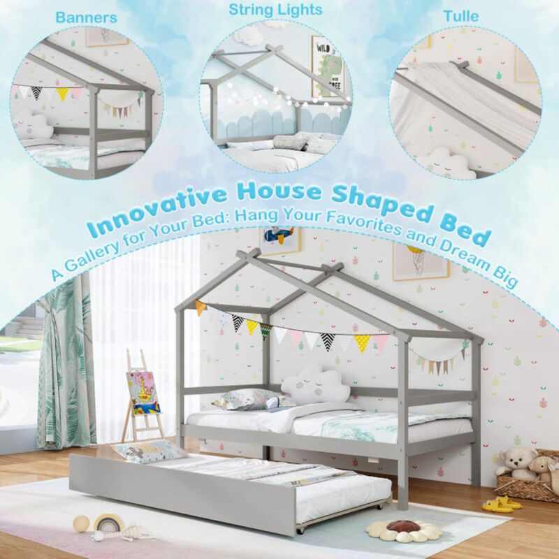 Hivvago Kids Twin Size House Bed with Trundle and Roof