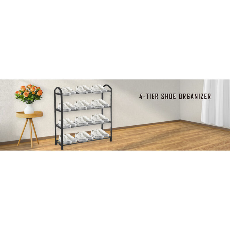 4-Tier Stackable Shoe Rack, 12-Pairs Sturdy Shoe Shelf Storage, Black Shoe Tower for Bedroom, Entryway, Hallway, and Closet