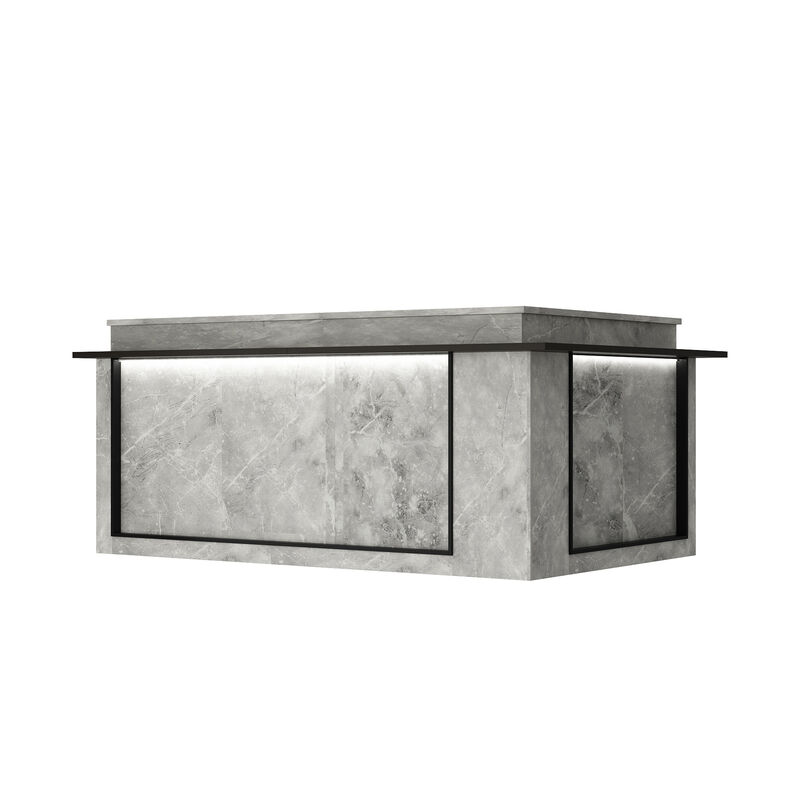 FUFU&GAGA Modern Reception Desk with LED Light Strips, Large Work Surface, Storage Cabinets & Open Shelves, Marble & Brown Finish (94.5 in.  W x 63 in.  D x 41.3 in.  H)