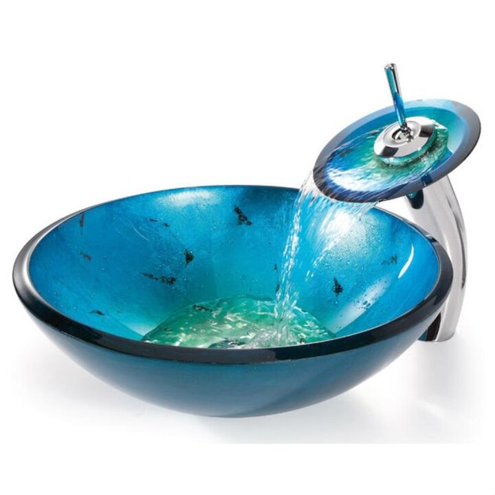 Hivvago Round Blue Tempered Glass Vessel Bathroom Sink