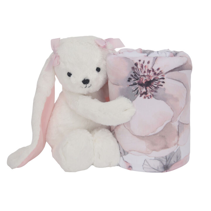 Lambs & Ivy Floral Blanket & White Plush Bunny Stuffed Animal Toy Baby Gift Set