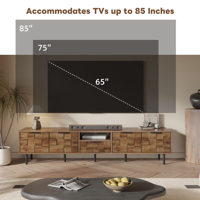Merax Natural Wood Checkered TV Stand with Soft Close Cabinets & Drawer image number 5
