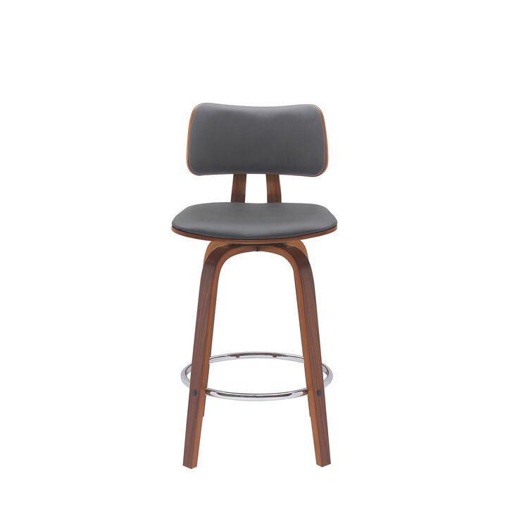 Pino 26 Inch Swivel Counter Stool Chair, Gray Faux Leather, Walnut Brown - Benzara