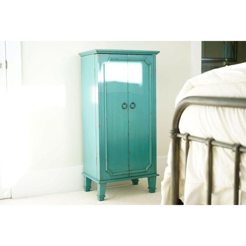 Tall Wooden Jewelry Chest with Multiple Drawers and Turquoise Detailing