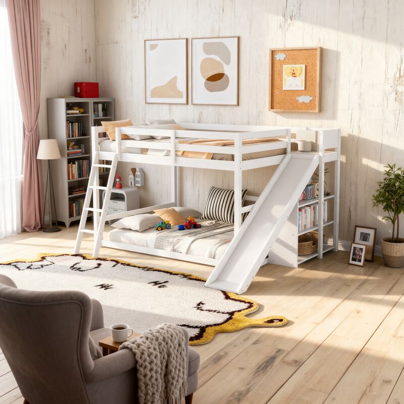 Whisen Full over Full Bunk Bed with Slide & Shelves, Solid Pine for Kids Bedroom image number 1