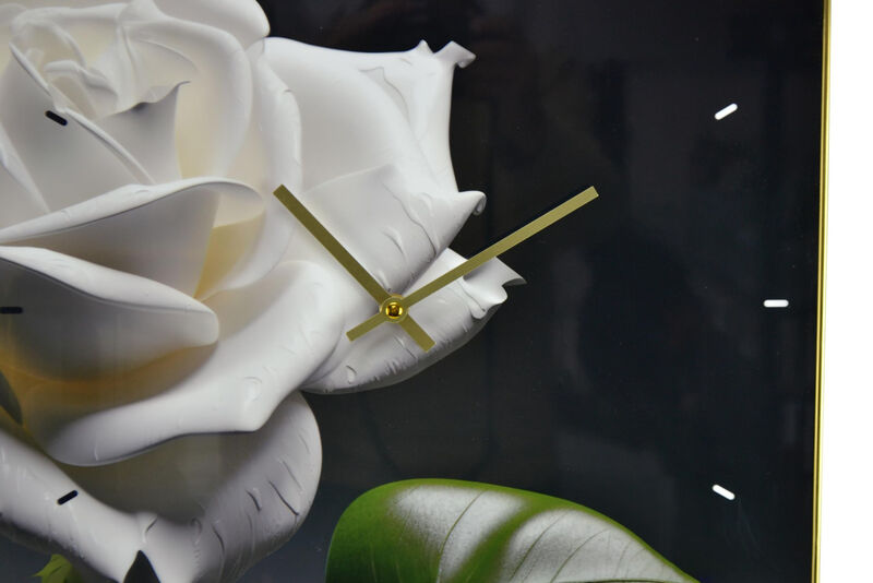 HomeRoots 24" White Black And Green Solid Wood and Acrylic Silent Roses Floral Wall Clock image number 4