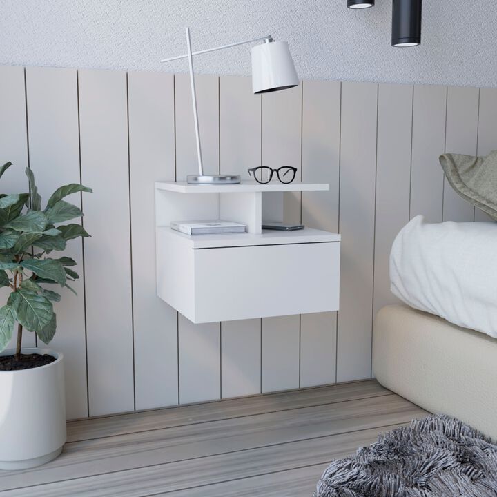 Adele Floating Nightstand with Drawer and Open Storage Shelves- White