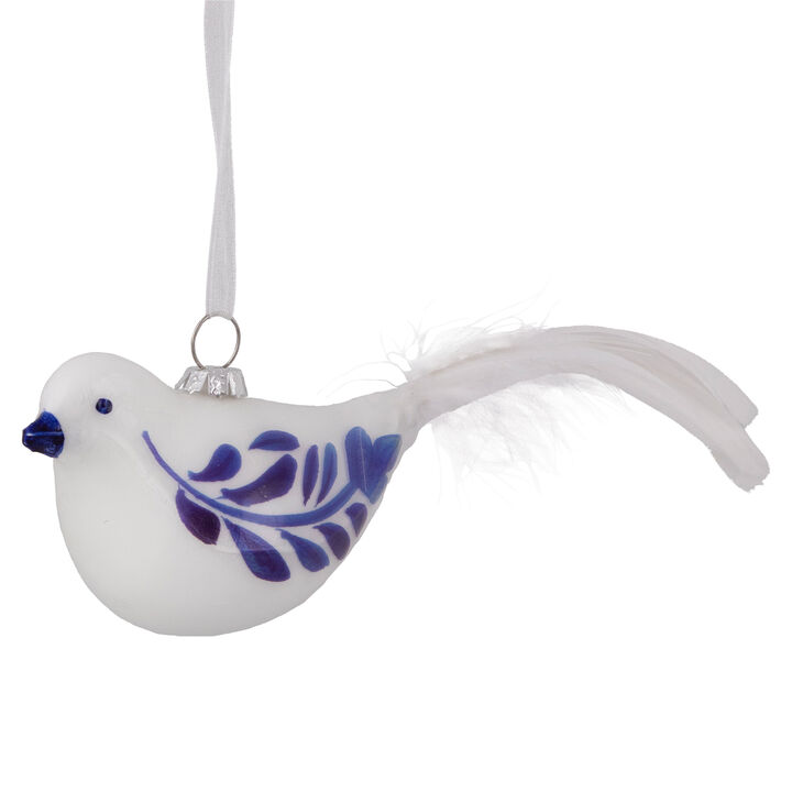 6.5" White and Blue Bird Glass Christmas Ornament