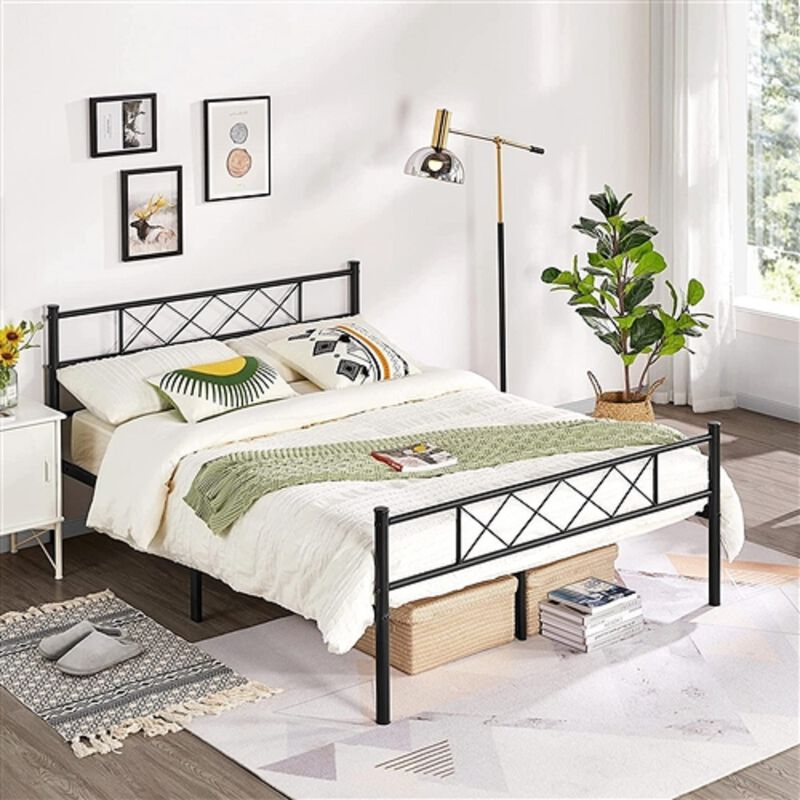 Metal Platform Bed Frame Traditional Style with Powder Coated Finish and Slatted Base