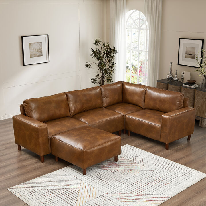 Sledve Mid‑Century Modern Breathable Faux‑Leather 5‑Piece Sectional Sofa