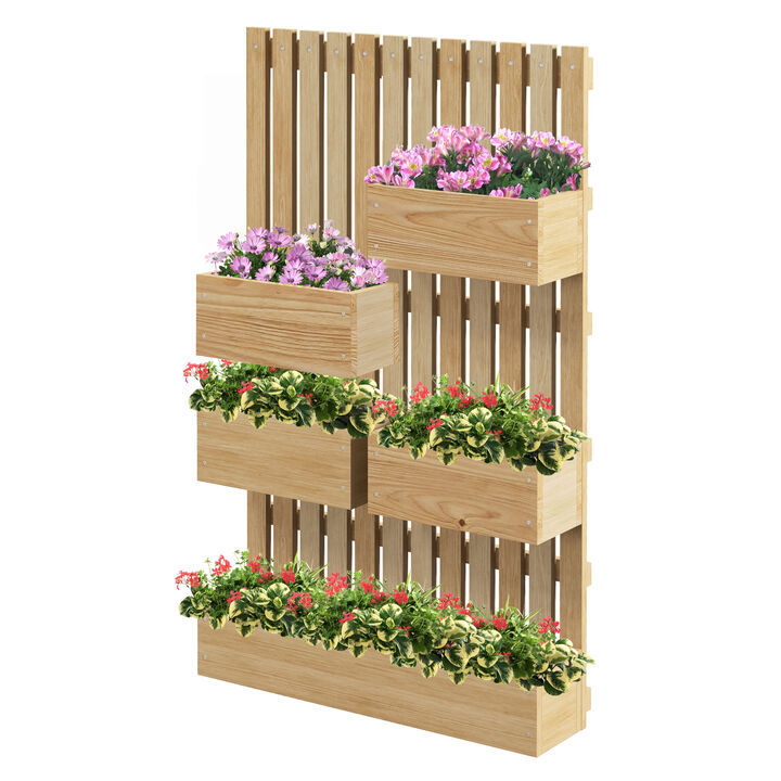 Outsunny 5 Box Raised Garden Bed with Trellis for Vine Flowers & Climbing Plants, 39" Tall Wall-Mounted Outdoor Wood Planter Box Set with Adjustable Height, Drainage Hole, Fabric Liners, Natural