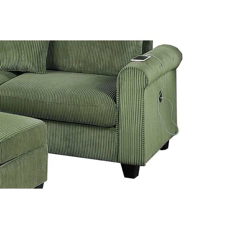 Roe 3pc Sectional Sofa Set w Chaise, Ottoman, 2 Pillows, Sage Green - Benzara